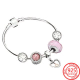 Real 925 Sterling Silver Pink Heart Dangle Bracelet for Women