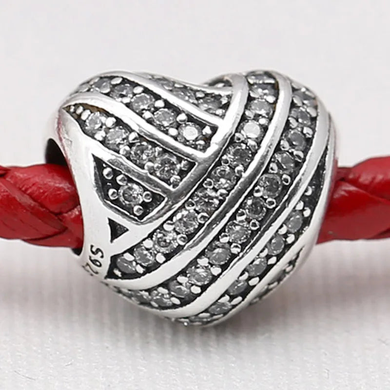 Ribbon Love Lines Crystal Charm Bracelet 925 Sterling Silver DIY Jewelry
