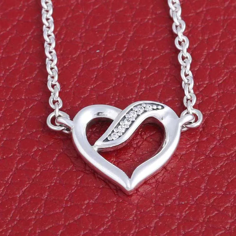 Ribbons Of Love Heart With Crystal Chain Necklace 925 Sterling Silver Bead Charm