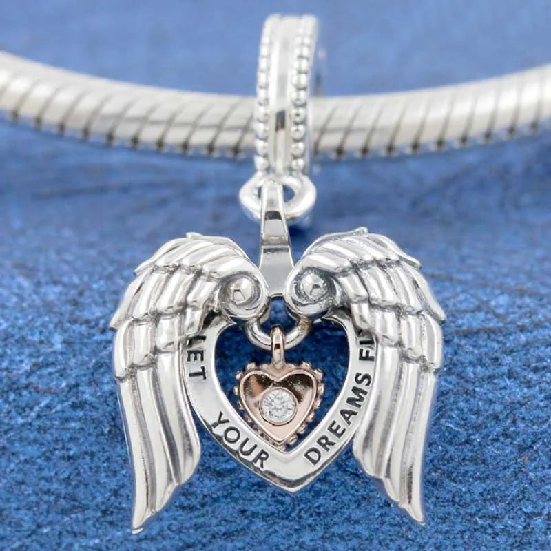 Rose Club Angel Wings & Heart Pendant Beads Fit 925 Sterling Silver Charm