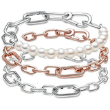Rose Freshwater Pearl Small Link Chain Bracelet 925 Silver Bangle