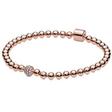 Rose Beads & Crystal Sliding Bracelet 925 Silver Bangle for Bead Charm DIY