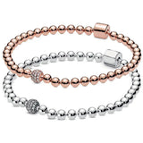 Rose Beads & Crystal Sliding Bracelet 925 Silver Bangle for Bead Charm DIY