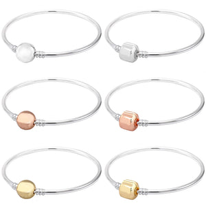 Rose Moment Barrel & Ball Clasp Bangle Bracelet 925 Sterling Silver