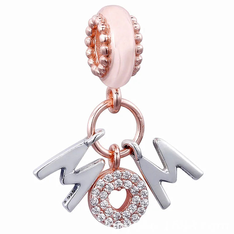 Rose Mum Letters Crystal Pendant Beads 925 Silver Charm DIY Jewelry