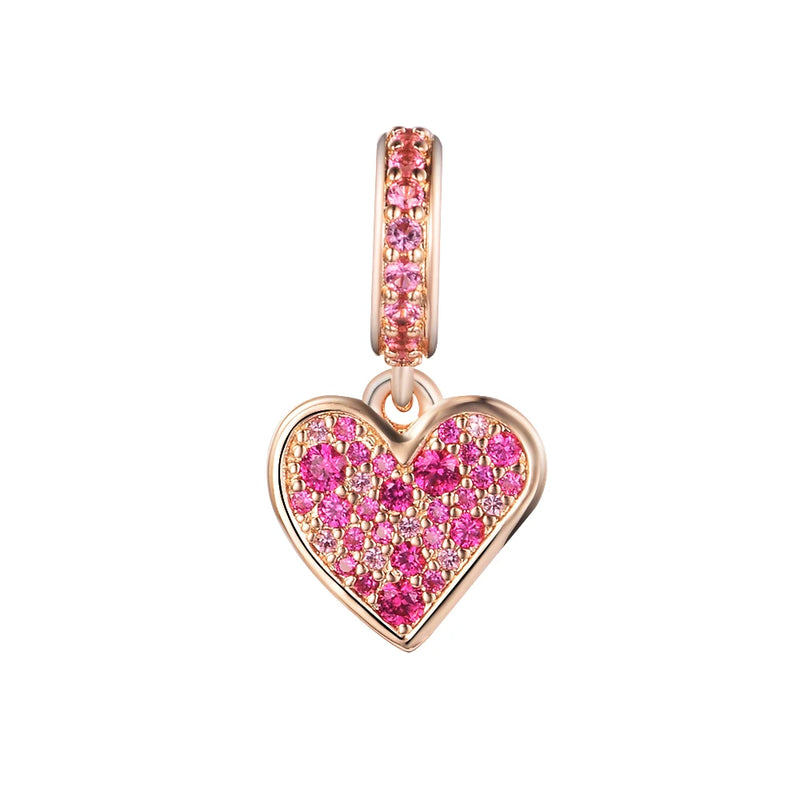 Rose Pave Freehand Heart Dangle Charm Fits European Beaded Bracelets