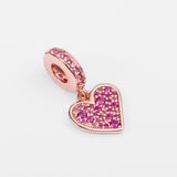 Rose Pave Freehand Heart Dangle Charm Fits European Beaded Bracelets
