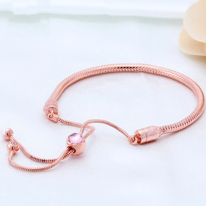 Rose Peach Blossom Sliding Clasp 925 Silver Bangle Bracelet