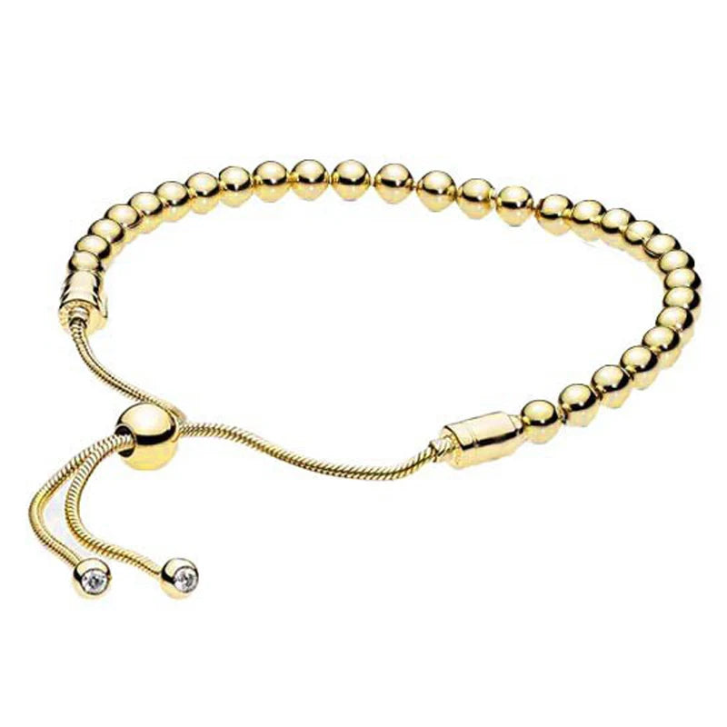 Rose & Silver Beads Sliding Clasp Bracelet 925 Sterling Silver Charm Jewelry