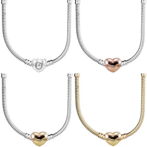 925 Sterling Silver Heart Clasp Snake Chain Necklace for Charm Beads