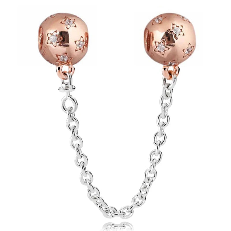 Rose Starry Night Crystal Safety Chain Beads for 925 Sterling Silver Charm Brace