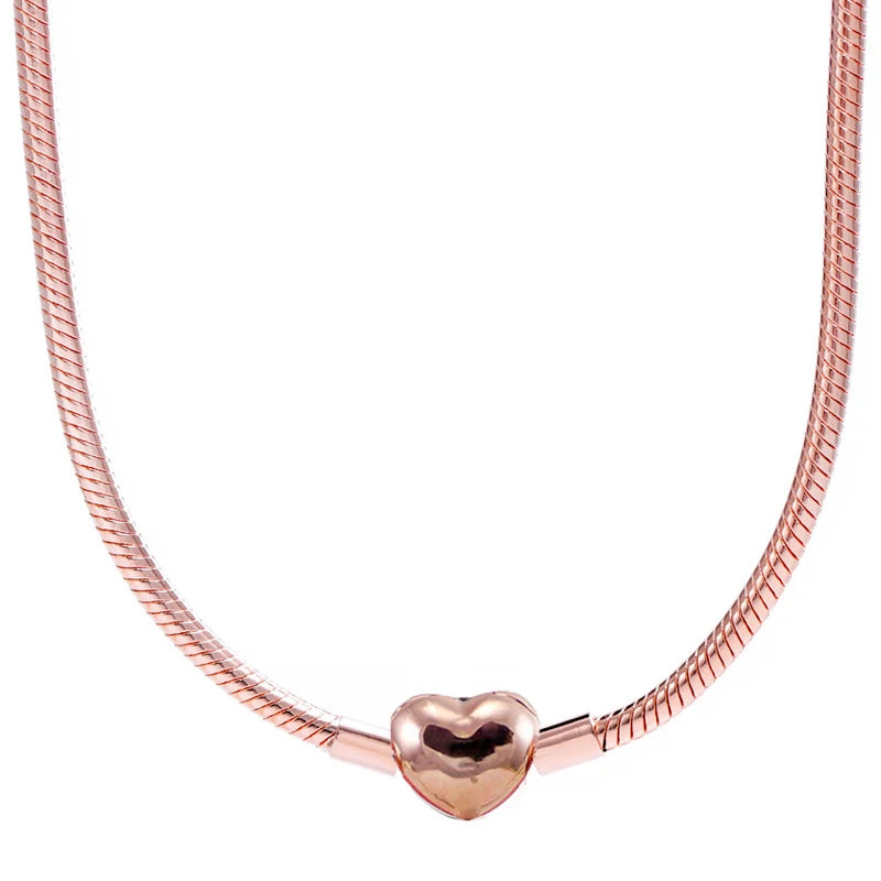 Rose Heart Butterfly Clasp Snake Chain 925 Sterling Silver Necklace