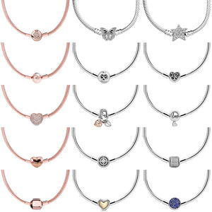 Rose Heart Butterfly Clasp Snake Chain 925 Sterling Silver Necklace
