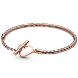 Rose Moments Heart T-bar Clasp Snake Chain Bracelet 925 Sterling Silver