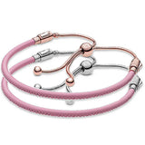Rose Pink Leather 925 Silver Bracelet for Europe Charm DIY Jewelry