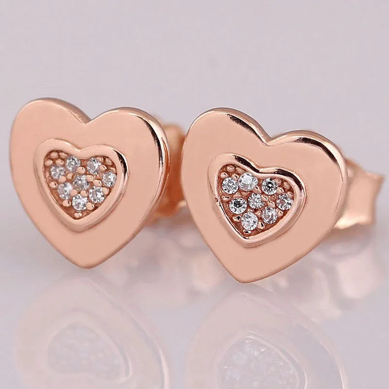 Rose Signature Heart Earring With Crystal Stud 925 Sterling Silver Gift