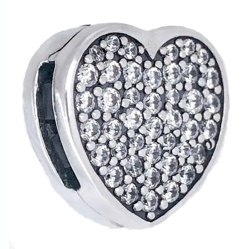 Rose & Silver Reflexions Pave Heart Clip Beads 925 Sterling Silver Charm Bracele