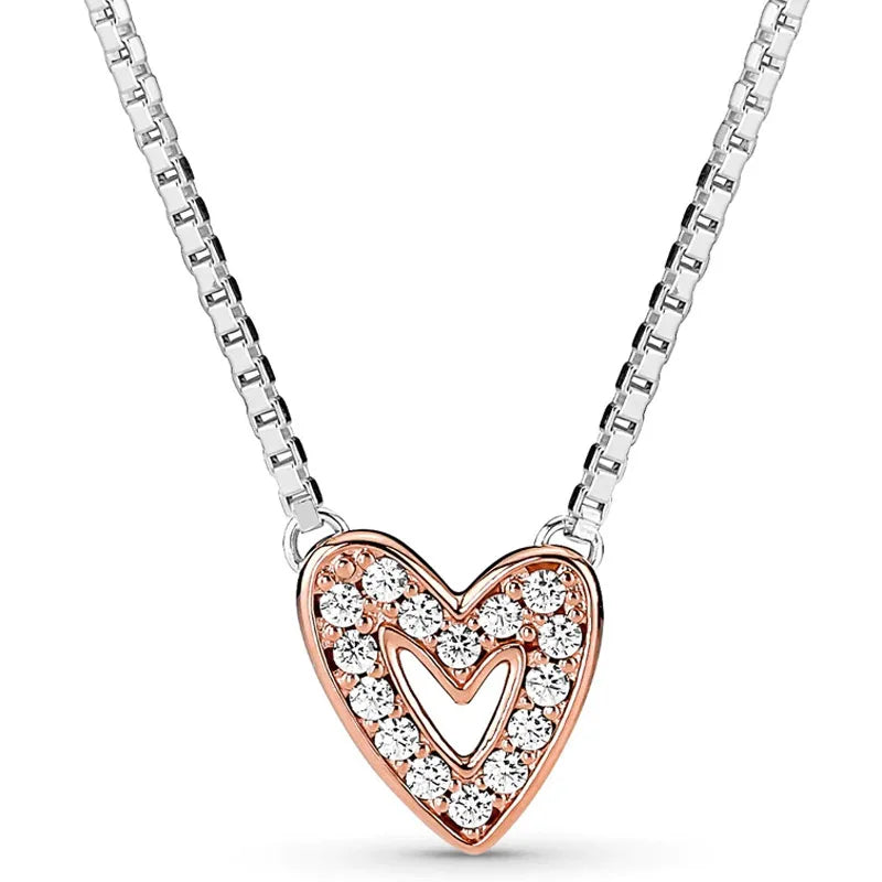 Rose Sparkling Heart Crystal Necklace for 925 Silver Bracelet DIY Jewelry