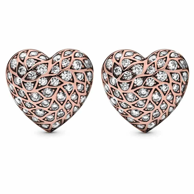 Rose Sparkling Heart Crystal Stud Earrings 925 Sterling Silver Wedding Gift