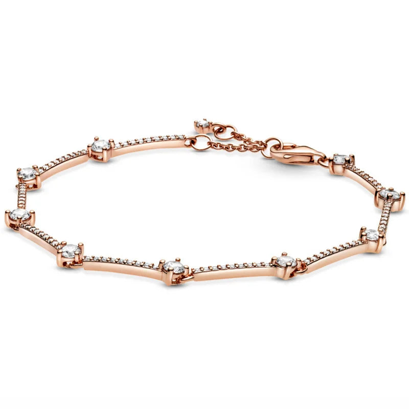 Rose Sparkling Pave Bar Crystal Bracelet 925 Sterling Silver Bead Charm Bangle