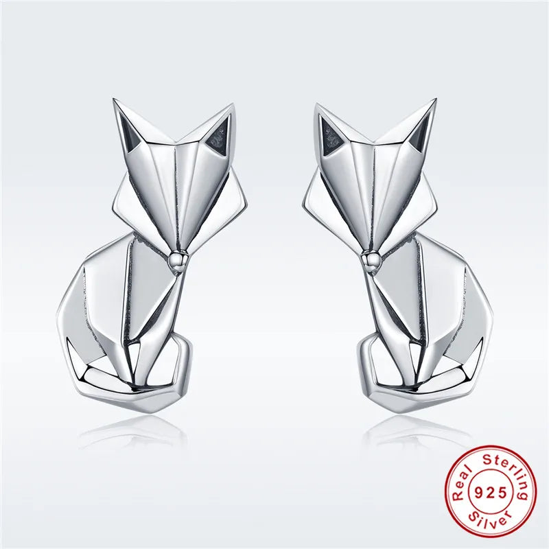 S925 Fox Stud Earrings, 925 Sterling Silver Couple Animal Shaped Earrings