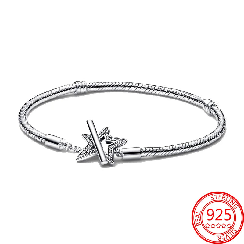 S925 Silver Star T-bar Snake Chain Bracelet Women Birthday Gift