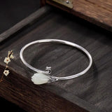 S925 Sterling Silver Antique Hetian Jade Magnolia Phoenix Bangle