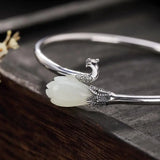 S925 Silver Antique Jade Magnolia Phoenix Open-End Bangle