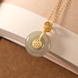 S925 Sterling Silver Hetian Jade Gray Jade Fu Character Peace Buckle Pendant