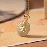 S925 Sterling Silver Hetian Jade Gray Jade Fu Character Peace Buckle Pendant