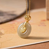 S925 Sterling Silver Hetian Jade Gray Jade Fu Character Peace Buckle Pendant
