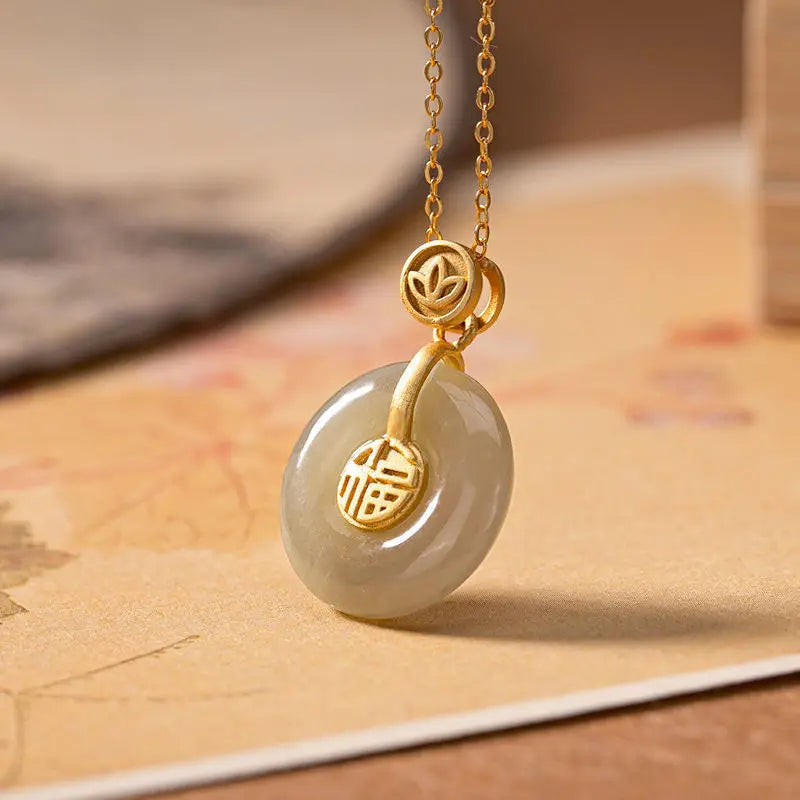 S925 Sterling Silver Hetian Jade Gray Jade Fu Character Peace Buckle Pendant