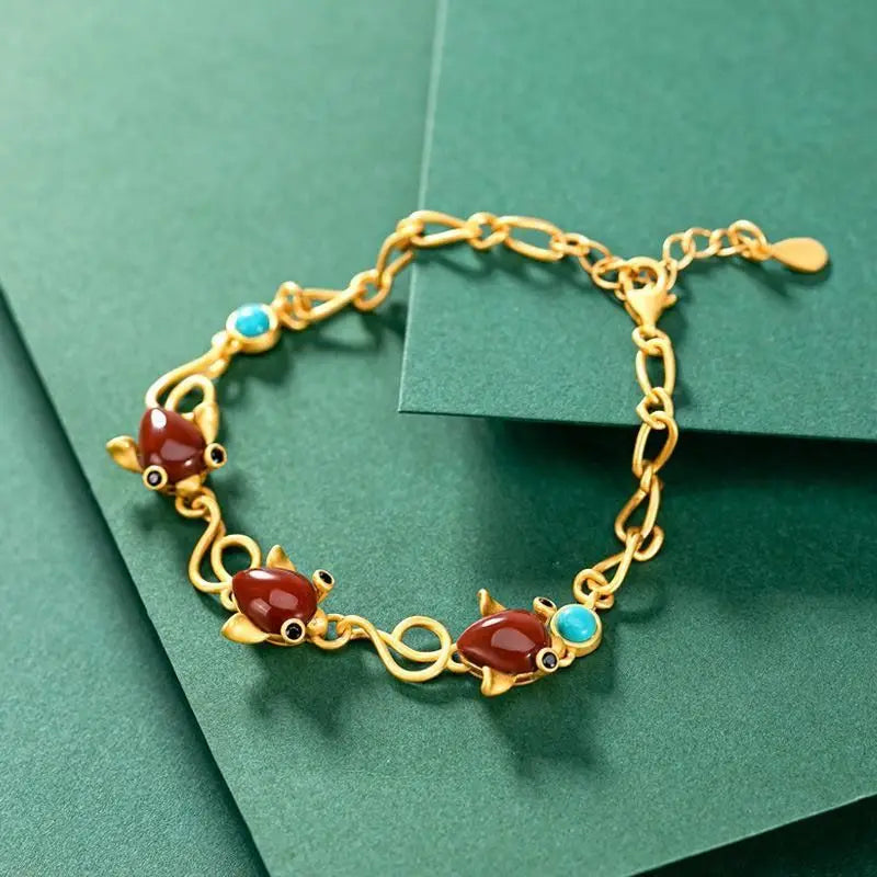 S925 Sterling Silver Red Agate Green Goddess Bracelet