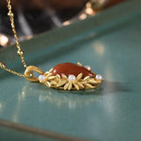 S925 Red Agate Pearl Leaf Pendant Chain Set
