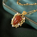 S925 Red Agate Pearl Leaf Pendant Chain Set