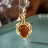S925 Red Agate Pearl Leaf Pendant Chain Set