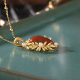 S925 Red Agate Pearl Leaf Pendant Chain Set