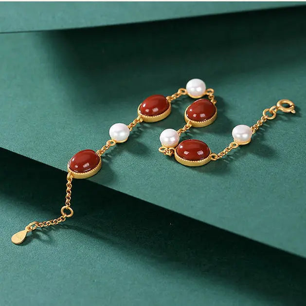 S925 Sterling Silver Hetian Jade Red Agate Bracelet