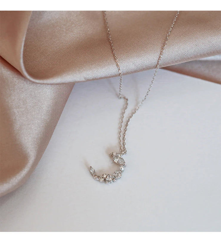 S925 Sterling Silver Floral Moon Necklace Kpop Chain Charming Girls