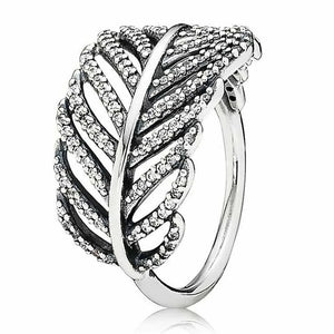 Shimmering Feather & Crystal Ring 925 Sterling Silver Women Party Gift
