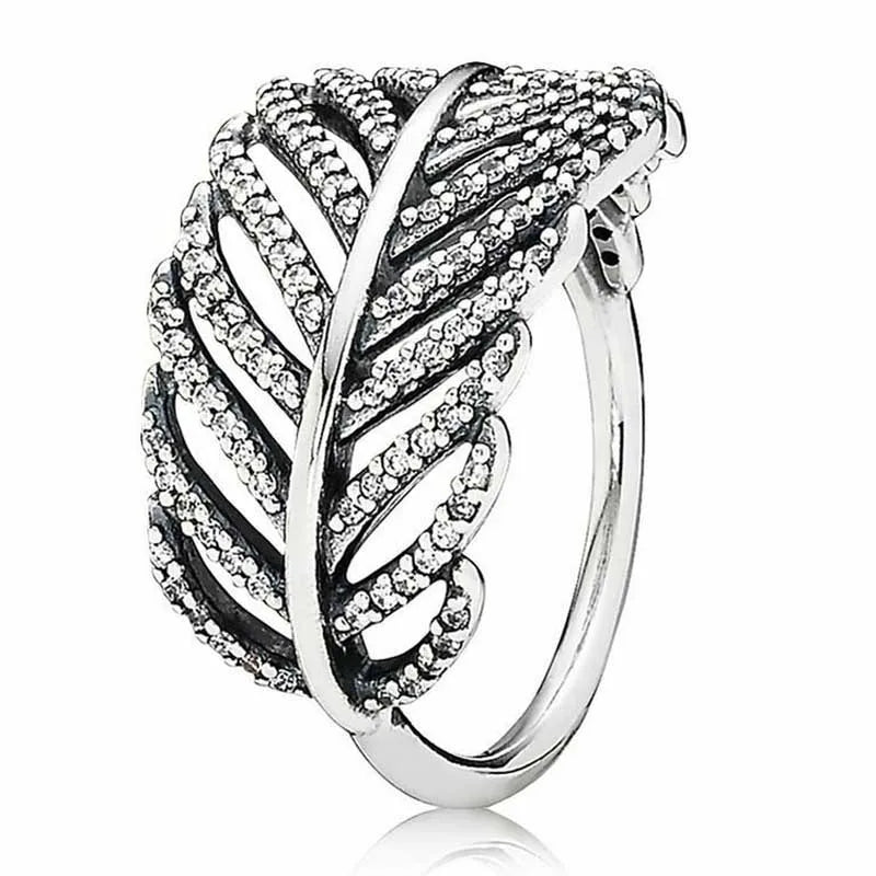 Shimmering Feather & Crystal Ring 925 Sterling Silver Women Party Gift