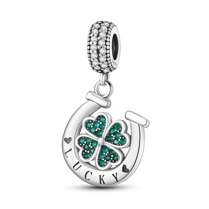 Silver 925 Horseshoe Lucky Four Leaf Clover Dangle Charm Pendant