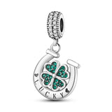 Silver 925 Horseshoe Lucky Four Leaf Clover Dangle Charm Pendant