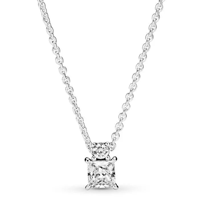 925 Silver Sparkling Round & Square Pendant Necklace For Women
