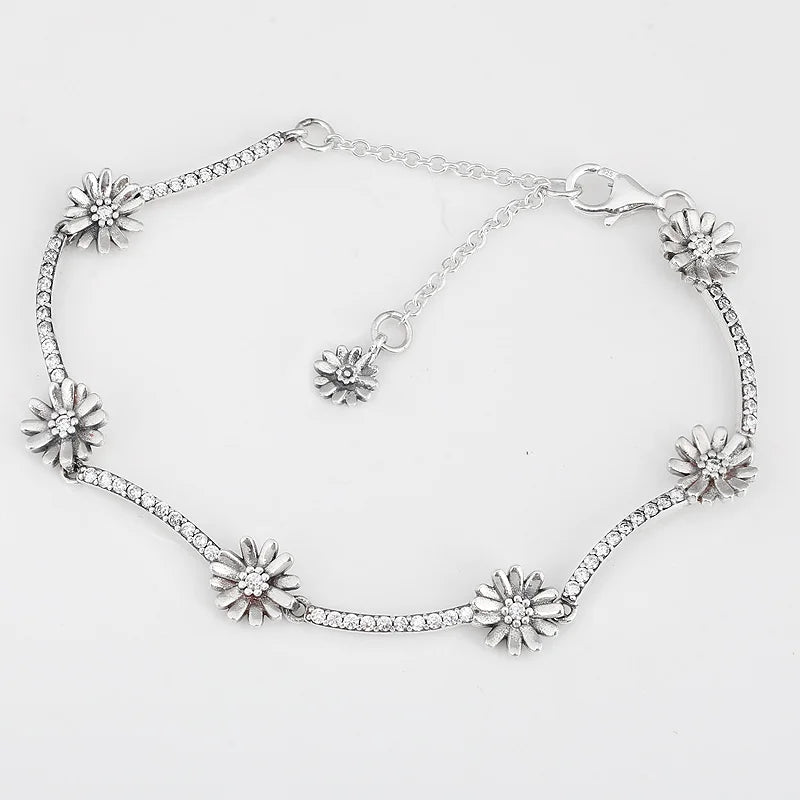 Sparkling Daisy Flower Crystal Bracelet 925 Sterling Silver Charm Bangle