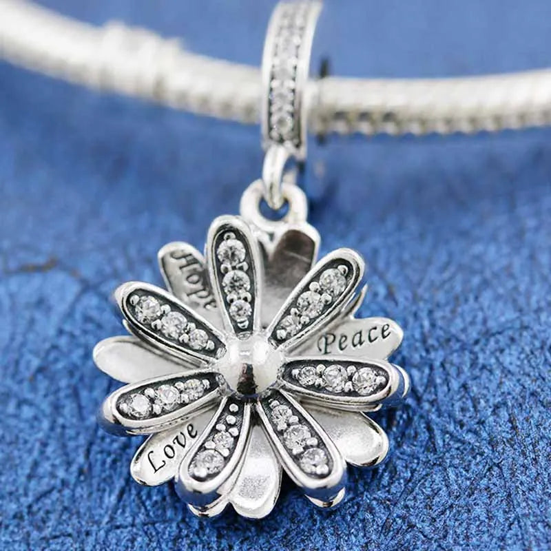 Sparkling Daisy Flower Pendant Beads 925 Sterling Silver Charm Europe Bracelet