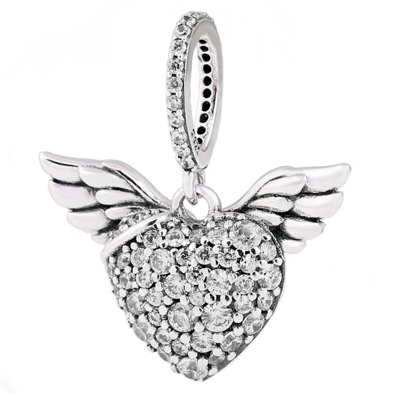 Sparkling Heart & Angel Wings Crystal Pendant Bead DIY Jewelry