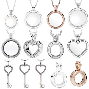 Sparkling Heart Key Crown Locket Necklace 925 Sterling Silver Charm DIY Jewelry
