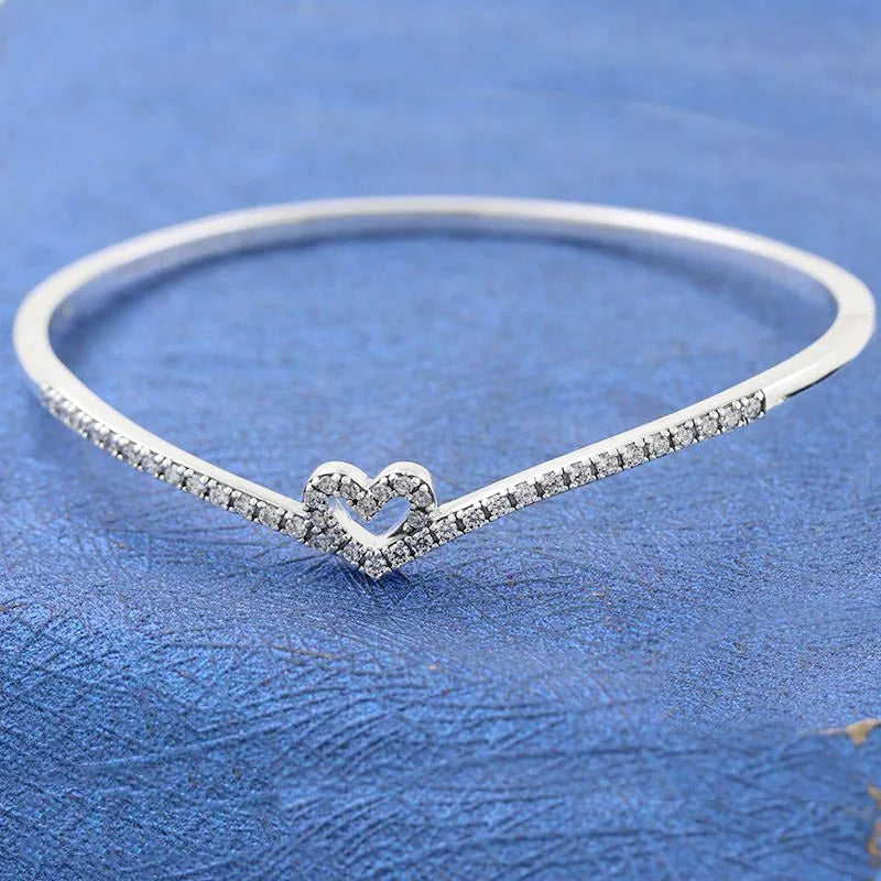 Sparkling Heart Wishbone Crystal Bangle for 925 Sterling Silver Bracelet