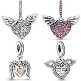 Red Heart Angel Wings Crystal Pendant 925 Silver Charms for Bracelet DIY